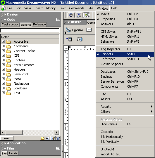 Launching the Dreamweaver MX Snippets panel