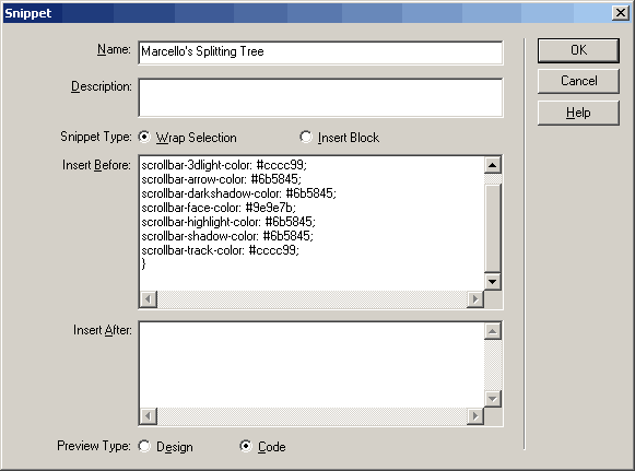 The Dreamweaver MX Snippet dialogue box 