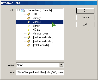 Select the lighting bolt and choose the Image  path field of the recordset.