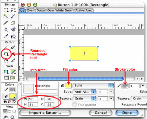 A rounded rectangle is drawn using the Rounded Rectangle tool. Settings are adjusted in the Property inspector.