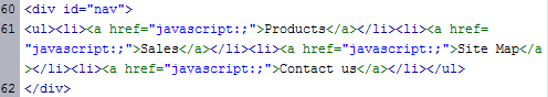 Dreamweaver's Code view showing the <li> without whitespace between them on one line (which is wrapped for display purposes)
