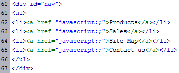 Dreamweaver's code view showing the <li> tags on each line