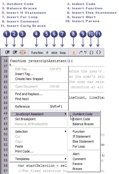 The JavaScript Assistant toolbar and context menu